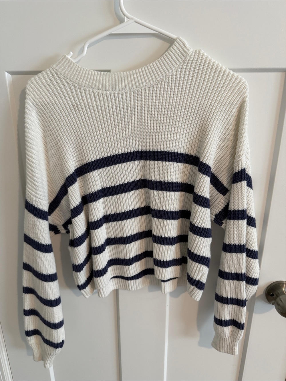 Hollister Cream and Navy Striped Crewneck Sweater